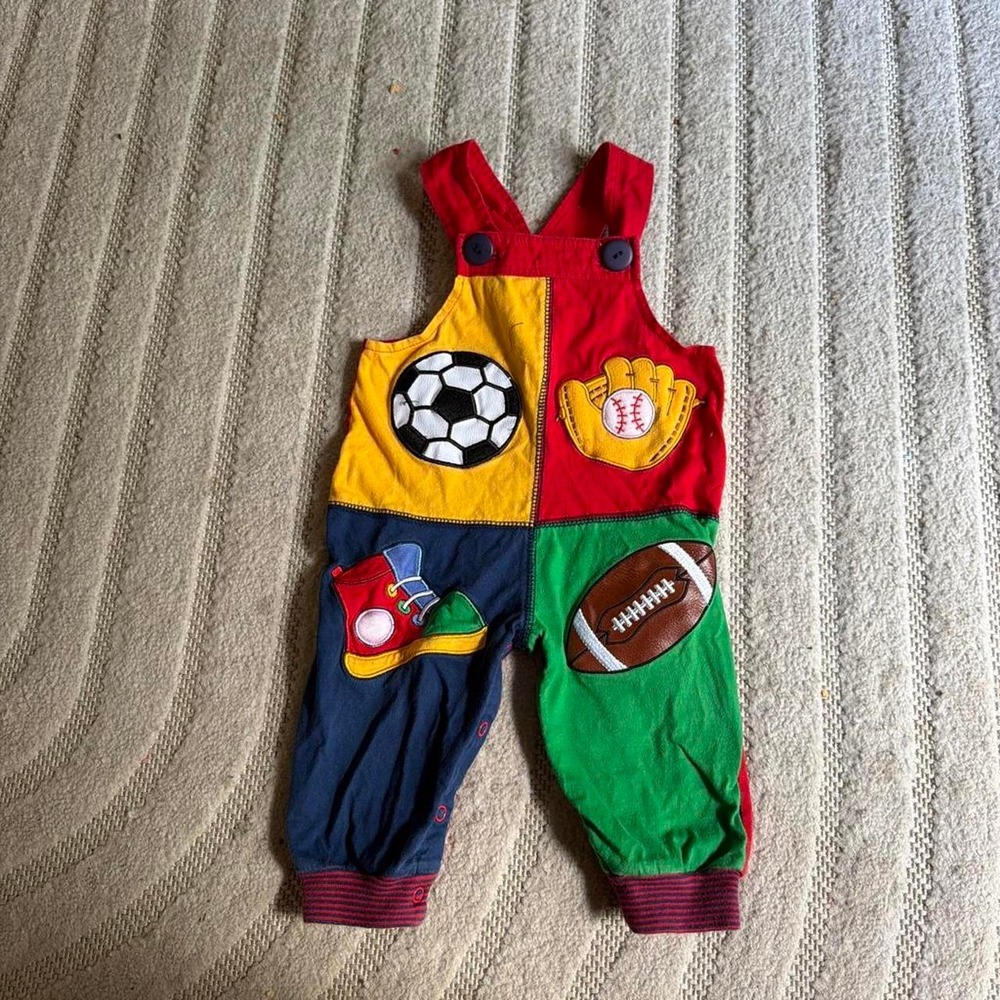 Vtg 80s City Kids Basics Red Baby Colorblock Sports Overalls Romper size 12M